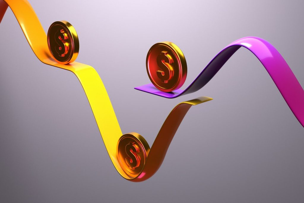 A 3D render of three gold dollar coins rolling along colorful wavy ribbons